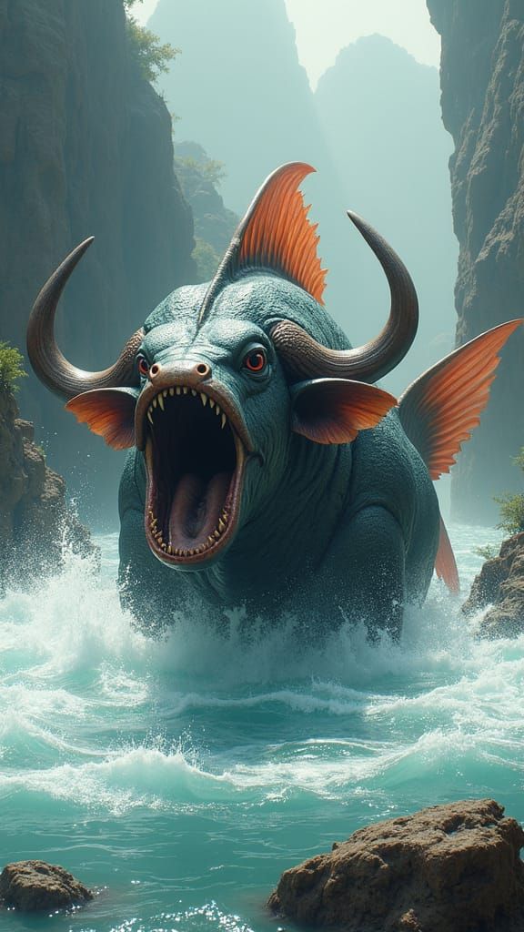 Majestic Fish-Buffalo Hybrid in Hyper-Realistic Matte Painti...