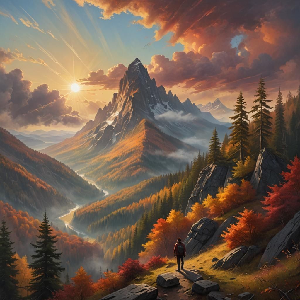 Lone Figure in Autumn Landscape, Digital Art