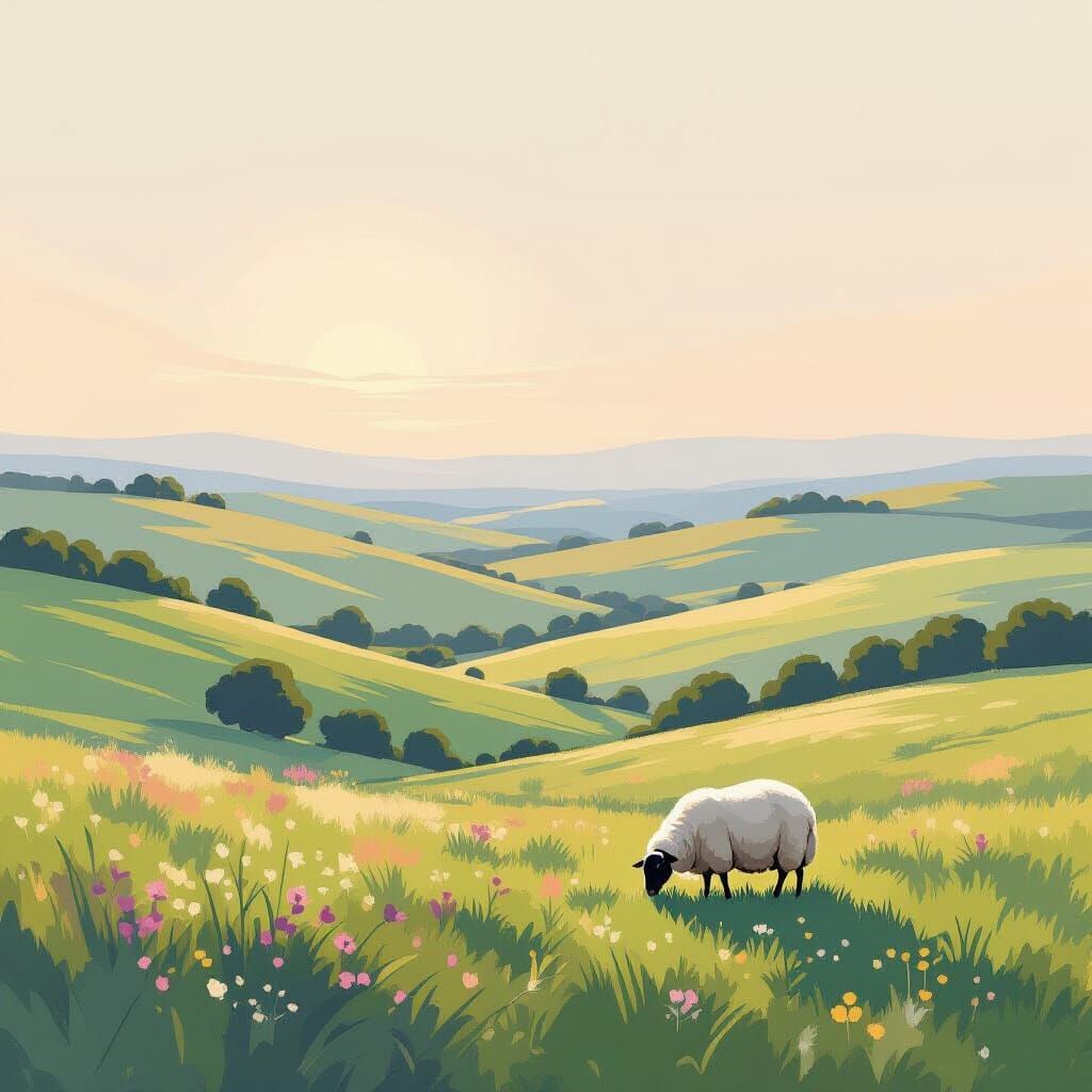 Serene Rolling Hills With Lone Sheep In Gentle Impressionist...