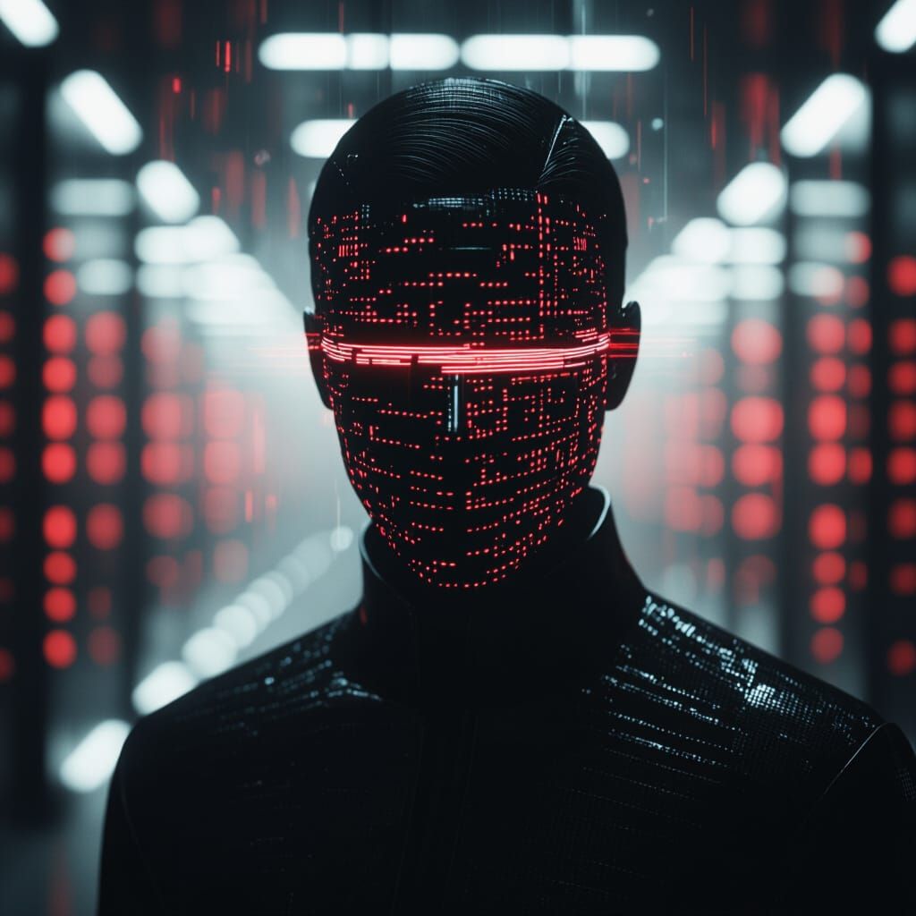 Figure with Glitch Mask in Cyberpunk Style