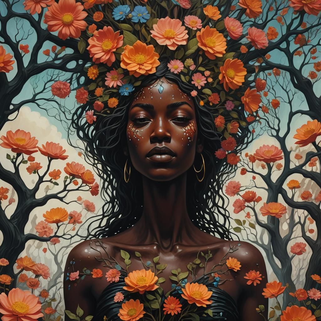 Black Woman Goddess of Earth in Surreal Style