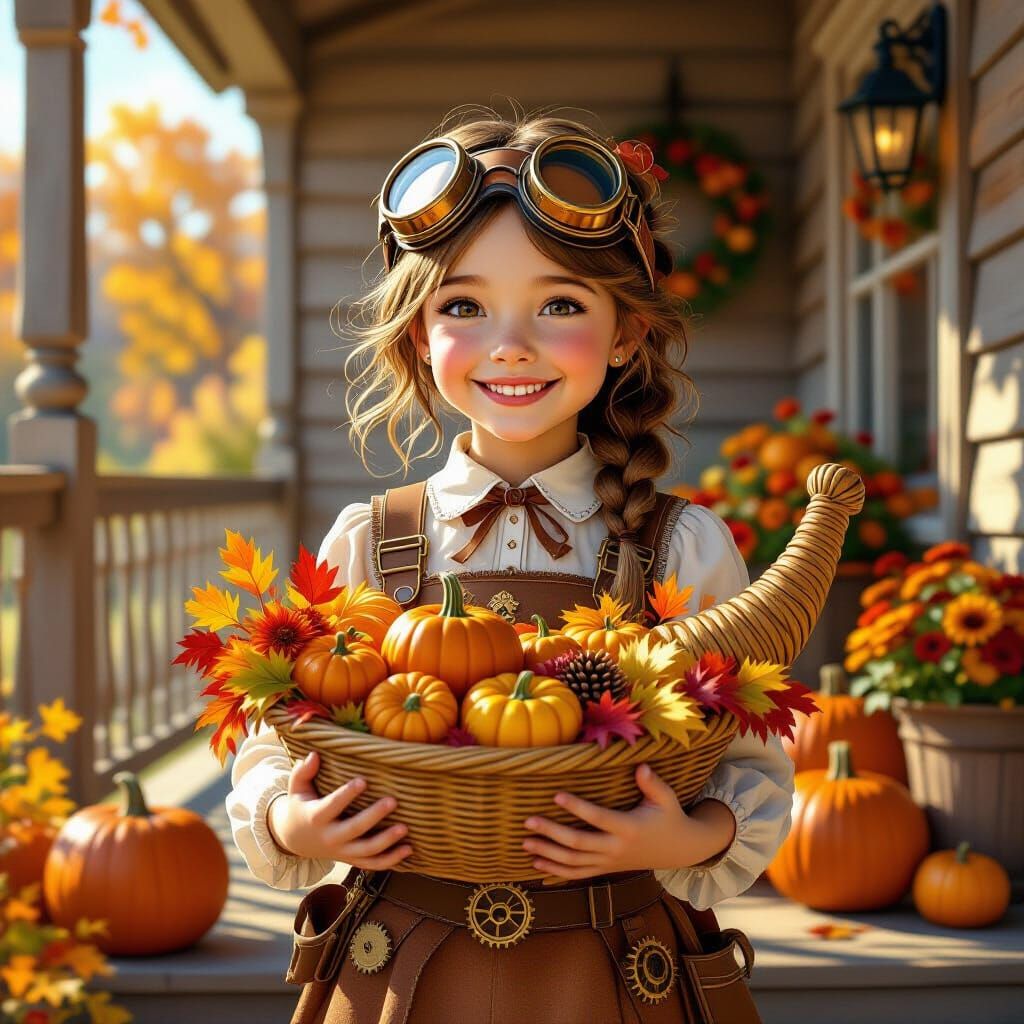 Steampunk Girl with Cornucopia in Golden Thanksgiving Light