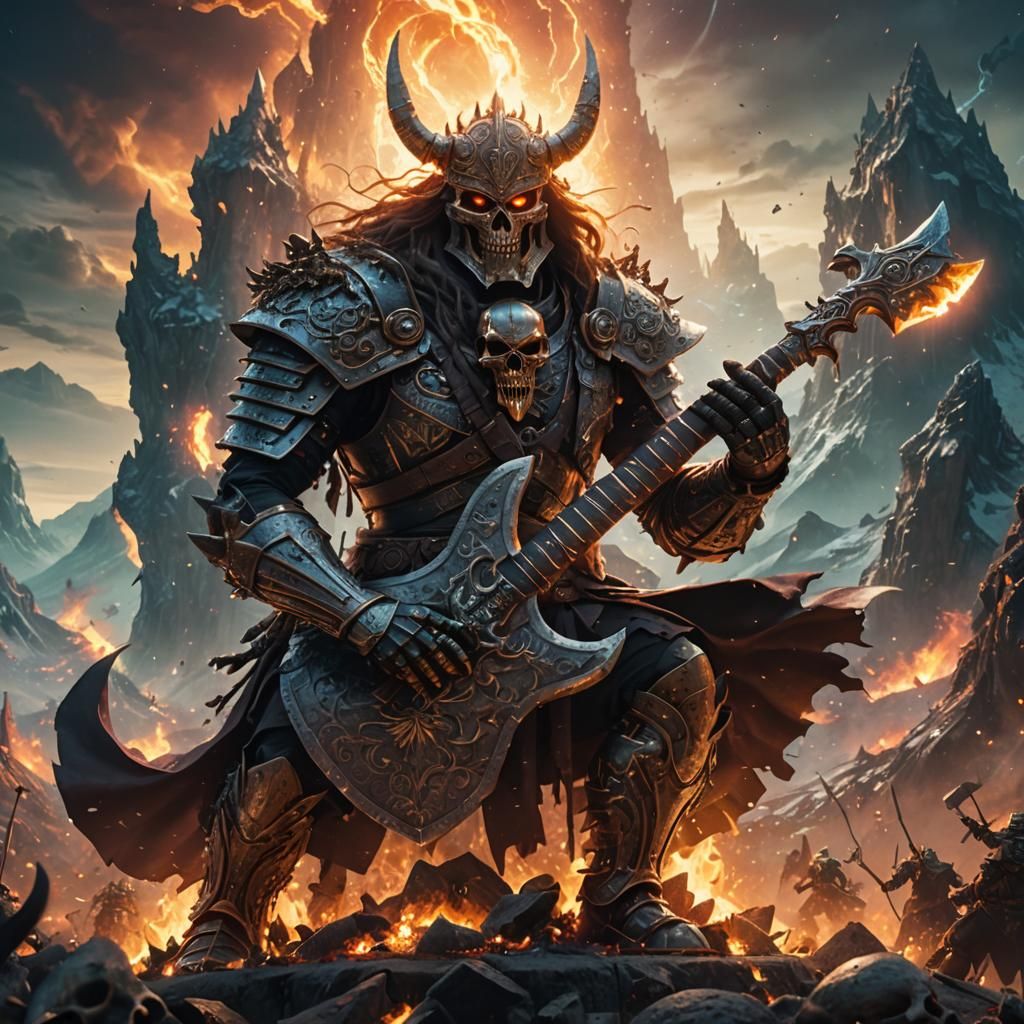 Warrior on Skull Mountain with Glowing Axe