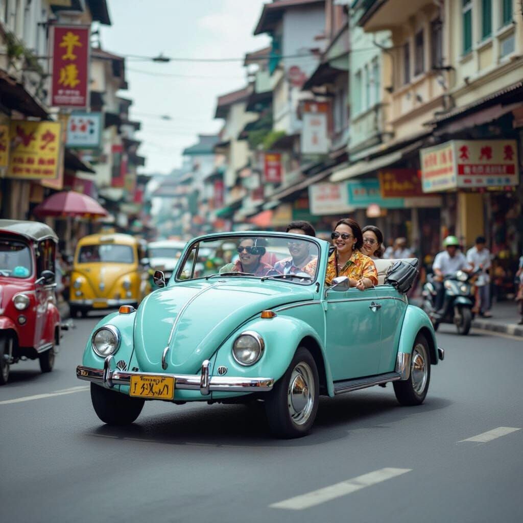 1970s Jakarta Street Scene with Pastel VW Beetle
