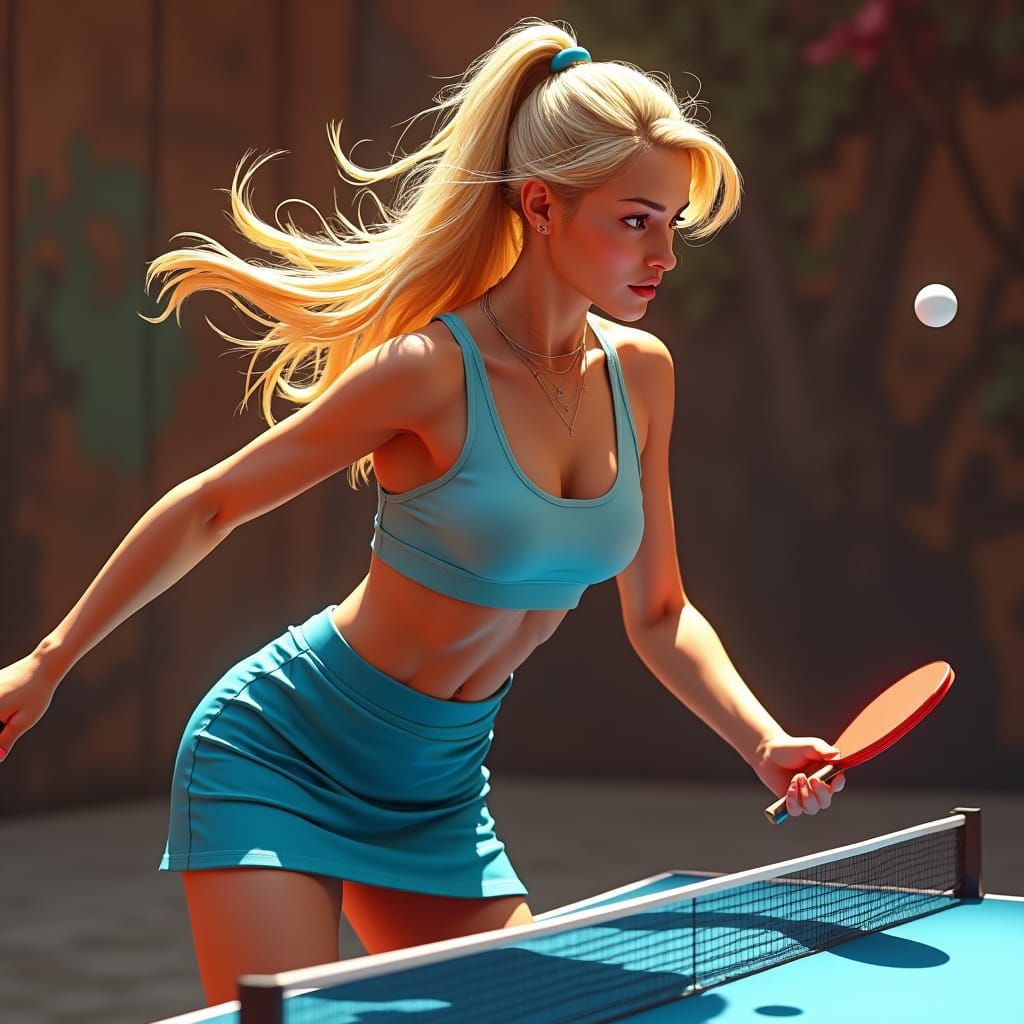 A stunning blonde woman plays table tennis.