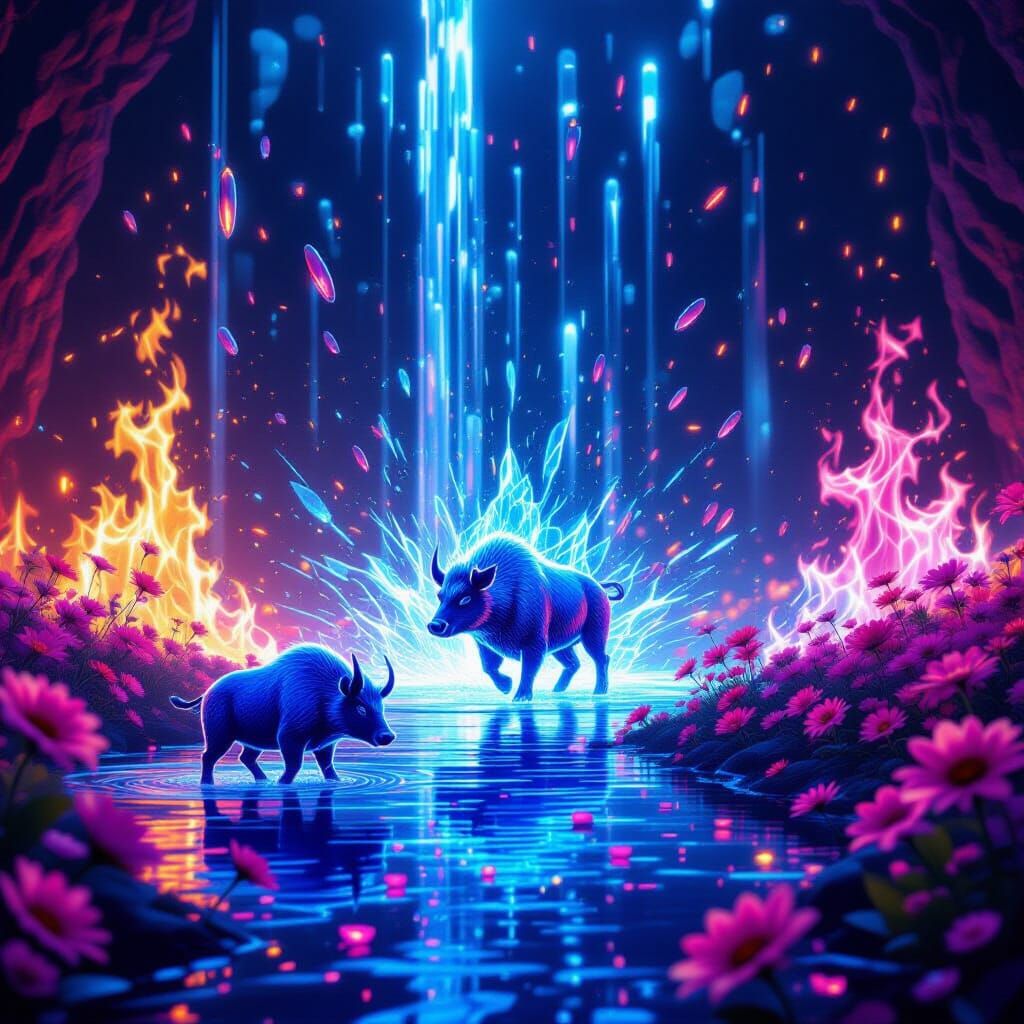 Electric Holographic Spectacle: Fire, Water, Flowers & Boar