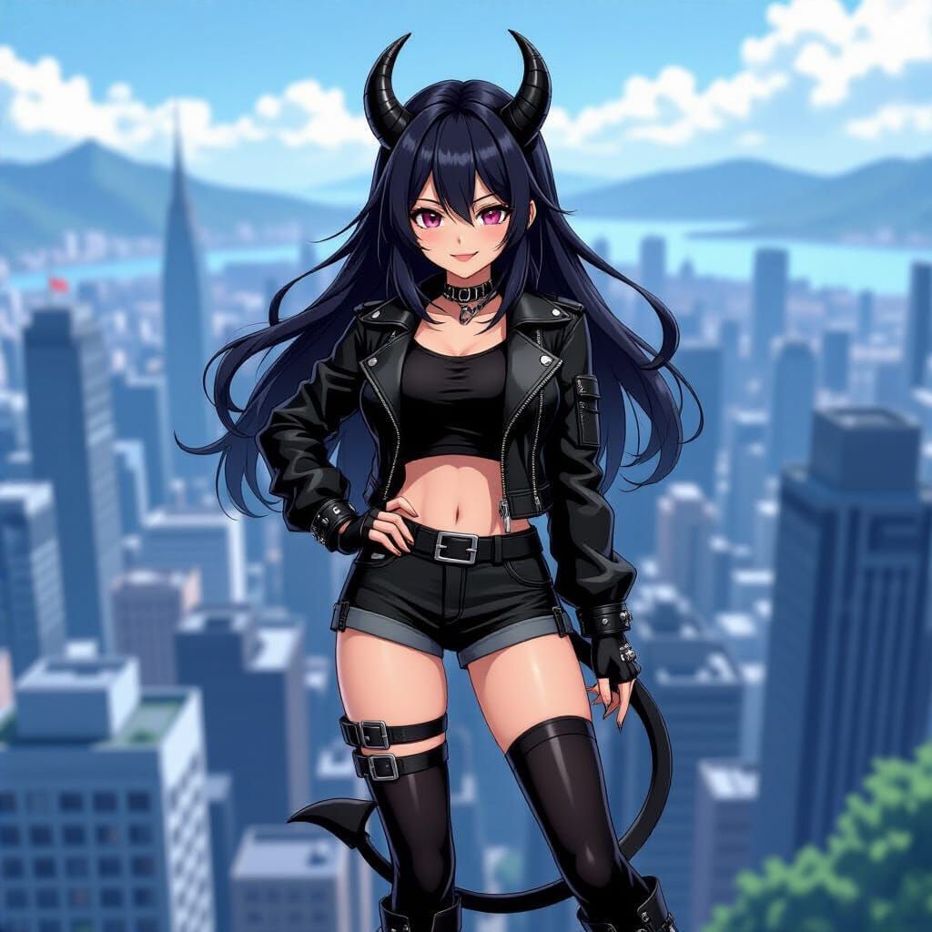 Anime-Inspired Demon Girl in Cityscape View