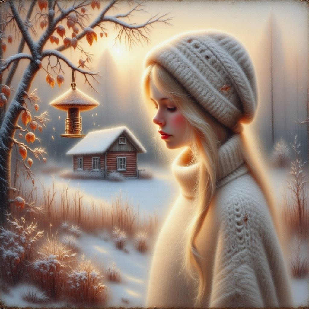 Girl by Frosty House With Bullfinch Feeder