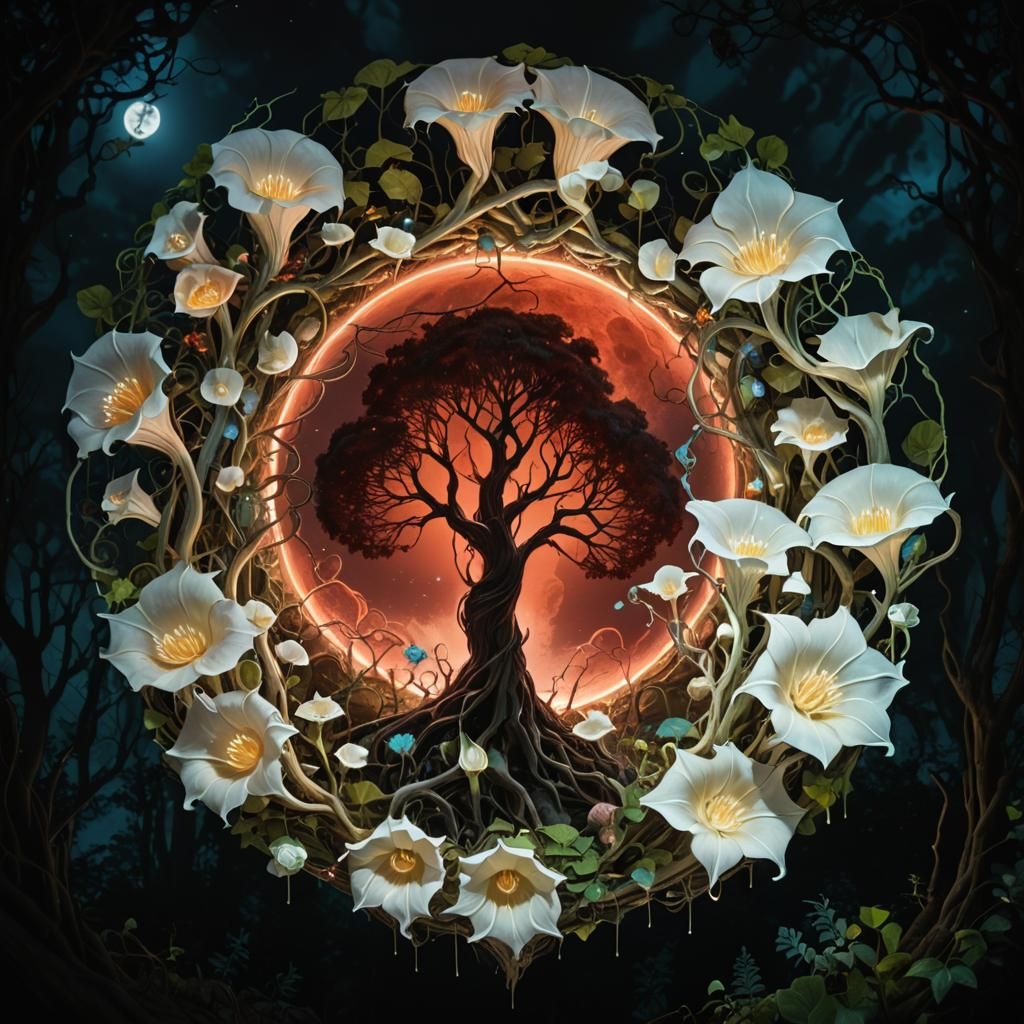 Blood Moon over Bioluminescent Forest Clearing in Surrealism...