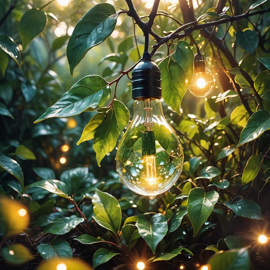 Glowing Leaf Bulb in Lush Greenery: Digital Painting
