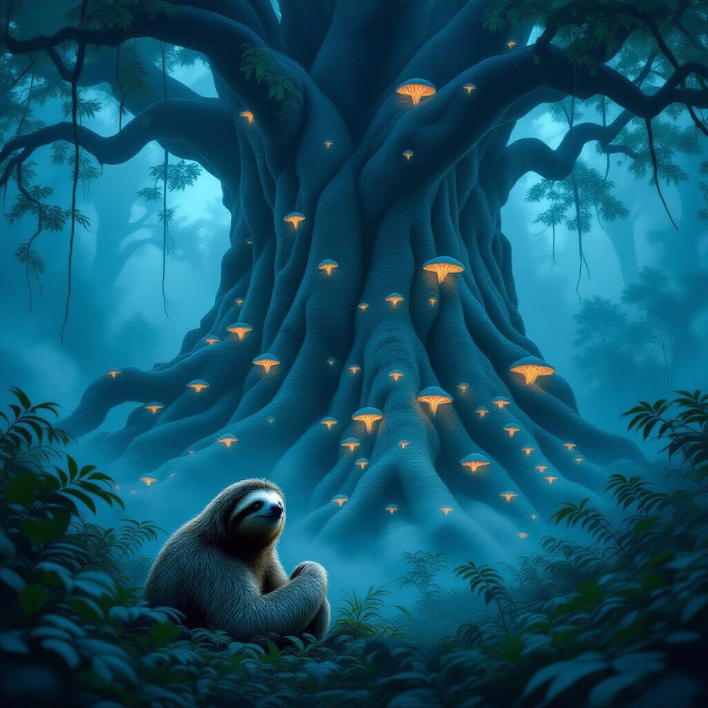 Bioluminescent Sloth in Ethereal Forest, Painterly Style