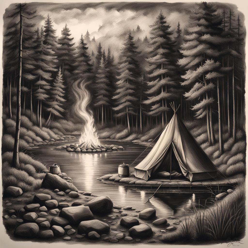 Riverside Campfire Scene in Charcoal