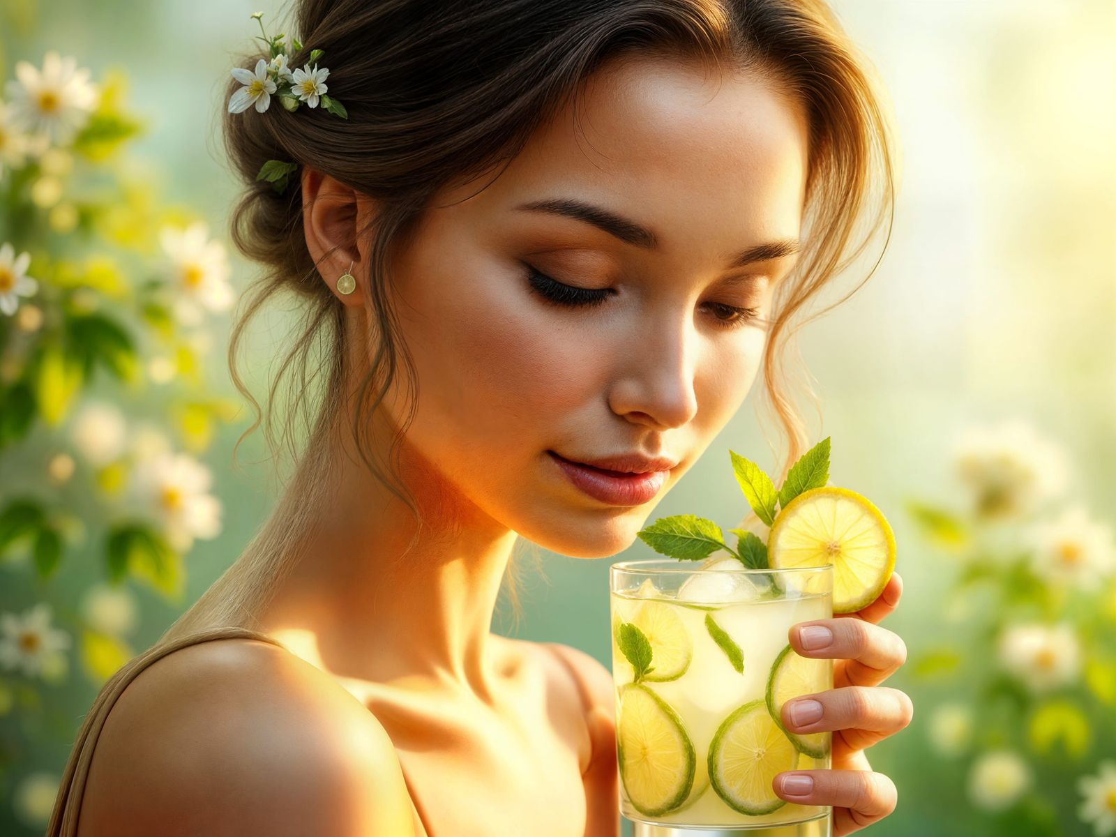 Woman Sipping Refreshing Cucumber Lemon Water in a Calming M...