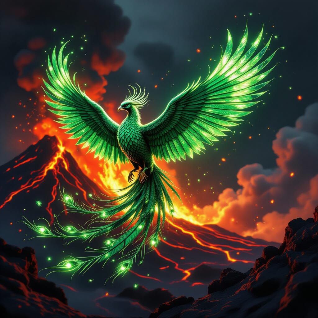 Emerald Phoenix in Flight Amidst Volcanic Eruption