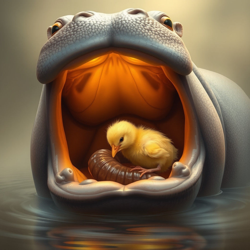 Hippopotamus Reveals Chick Eating Worm in Mouth