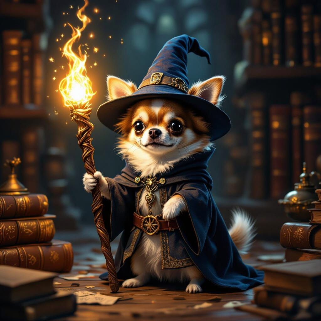 Chihuahua Wizard in Antique Library, Magical Glow