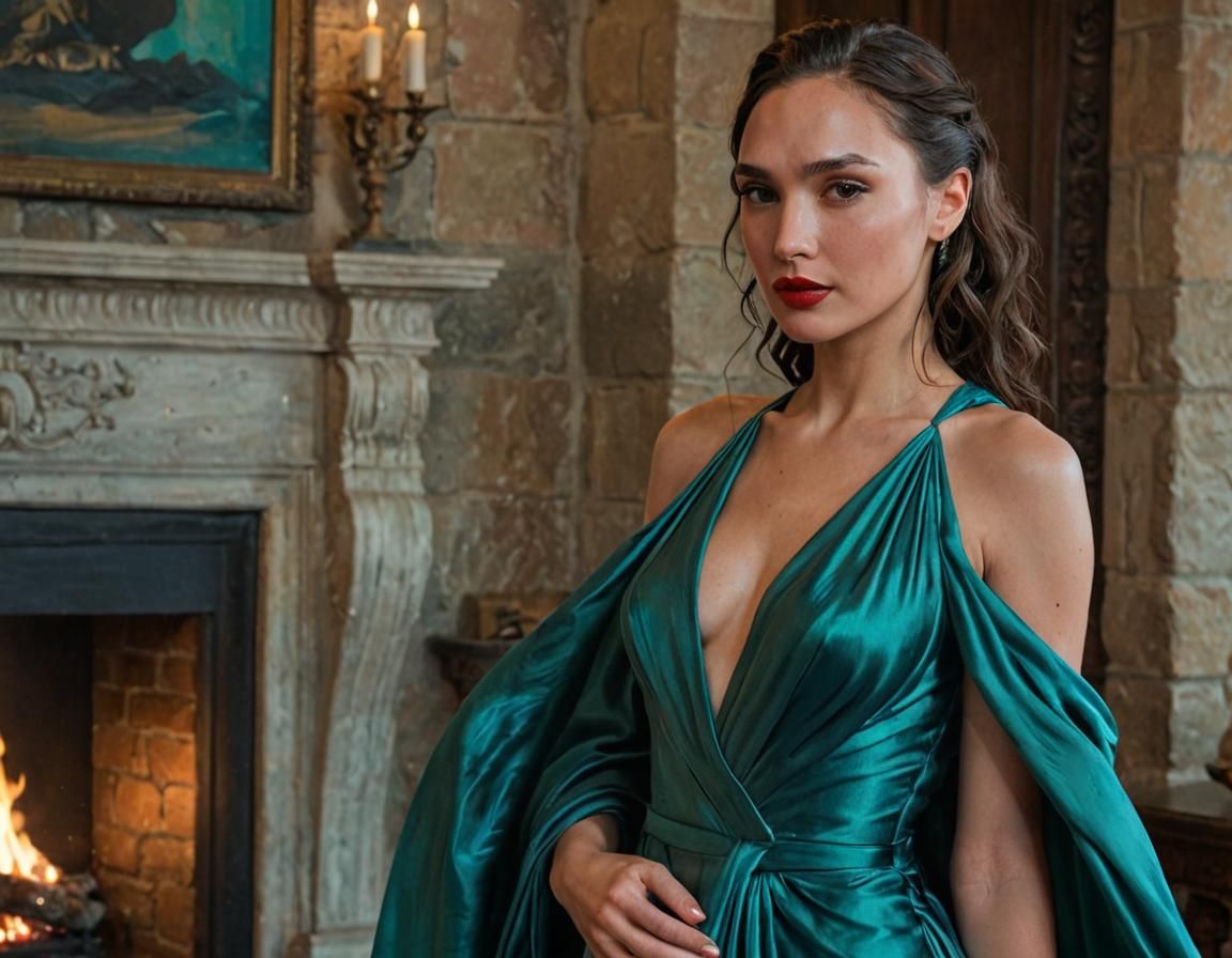 Gal Gadot in Turquoise Gown by Fireplace