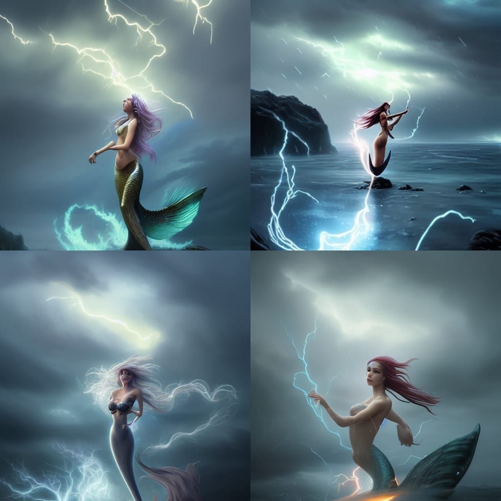 Electric Mermaid in Lightning Storm: Hyperrealistic Fantasy