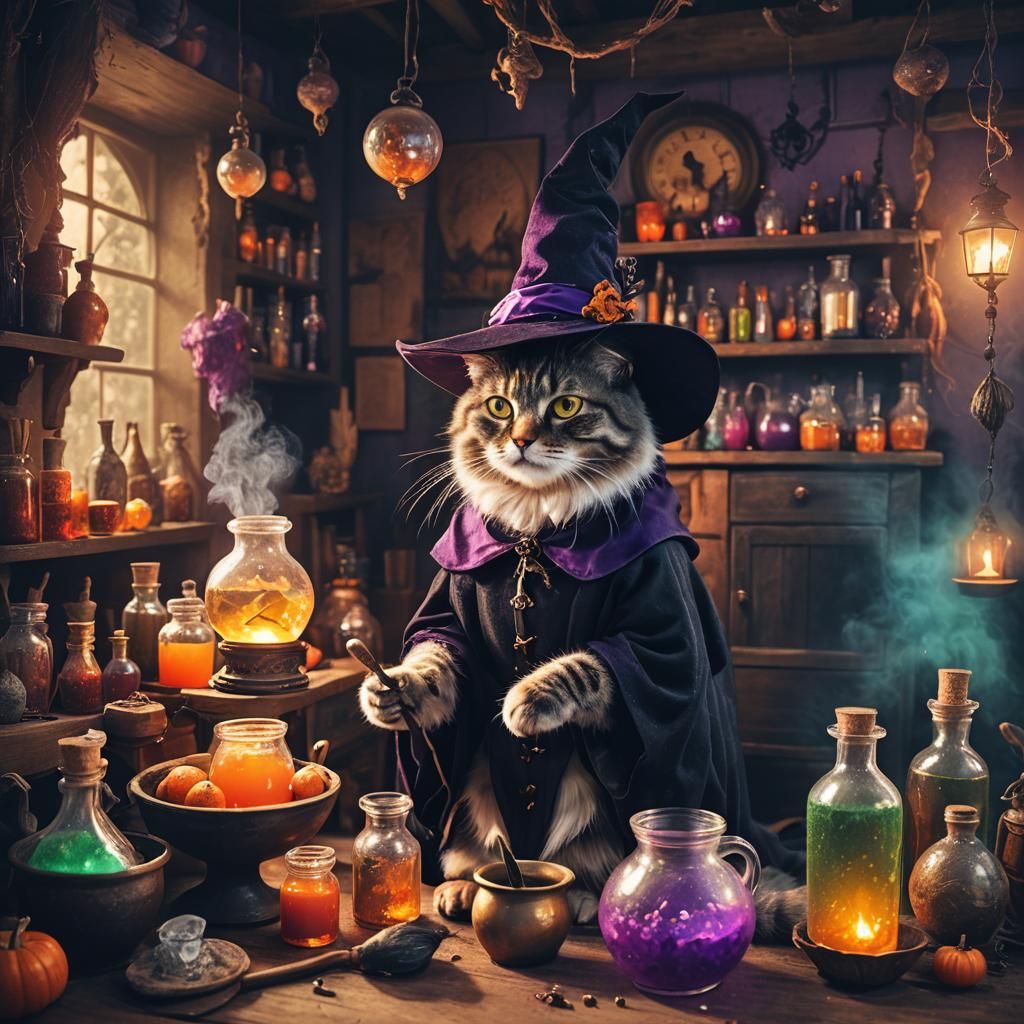Cat Witch Brews Potions in Secret Room