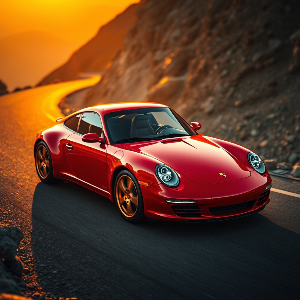Red Porsche 911 on Mountain Road at Sunset