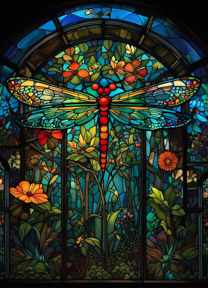 Stained Glass Dragonfly in Enchanted Forest