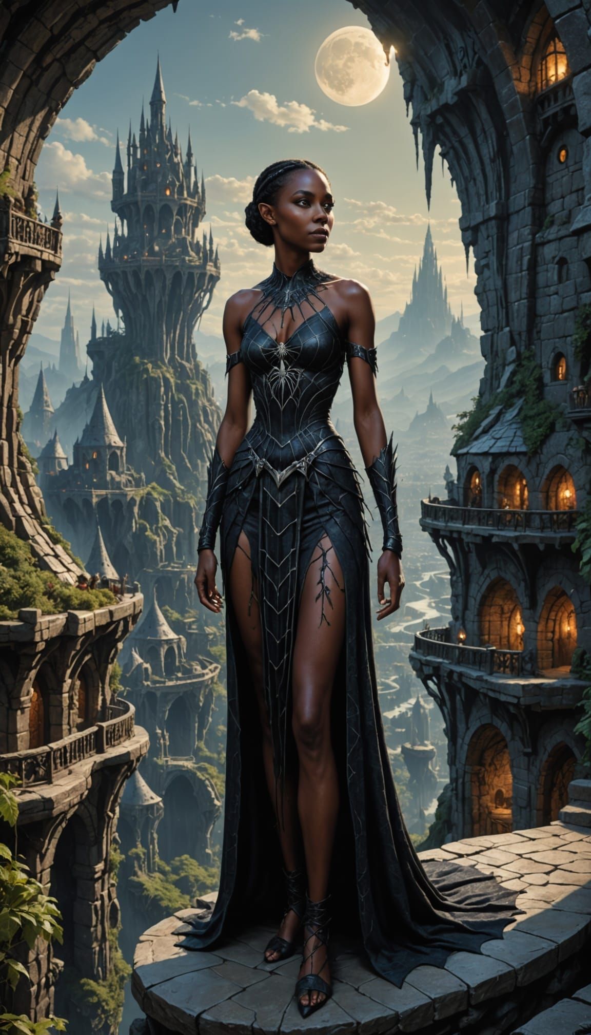 Dark Fantasy Elf Woman in Spider Dress on Stalactite City Te...