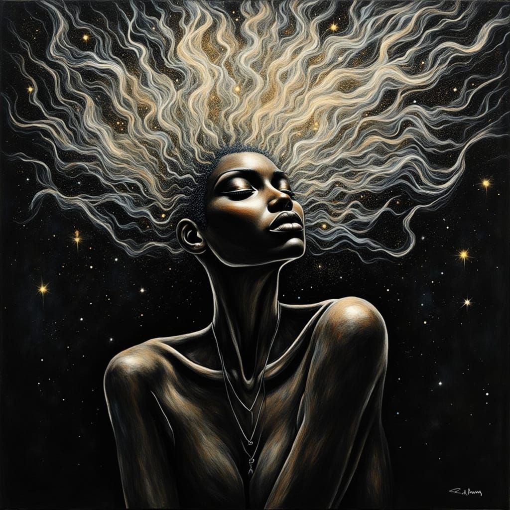 Mystical Woman with Stardust Hair: Impasto Oil