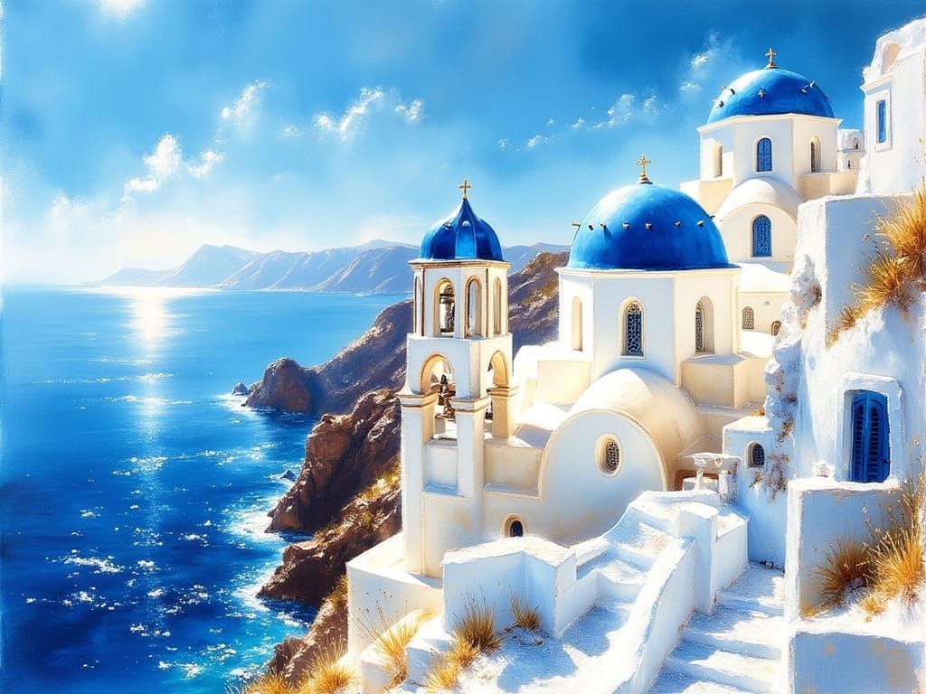 Santorini Watercolour Painting: White Buildings on Caldera E...