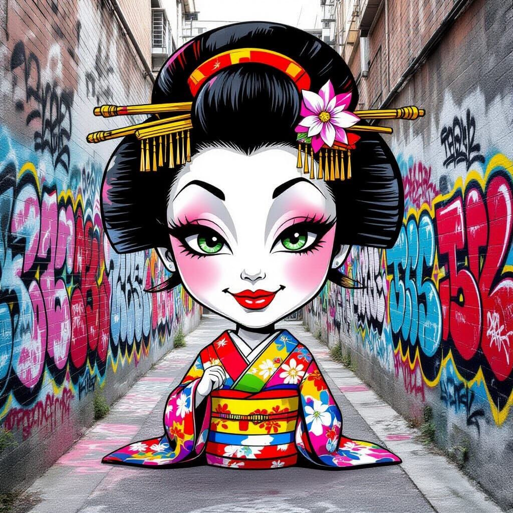 Street Art Geisha Caricature with Graffiti Kimono