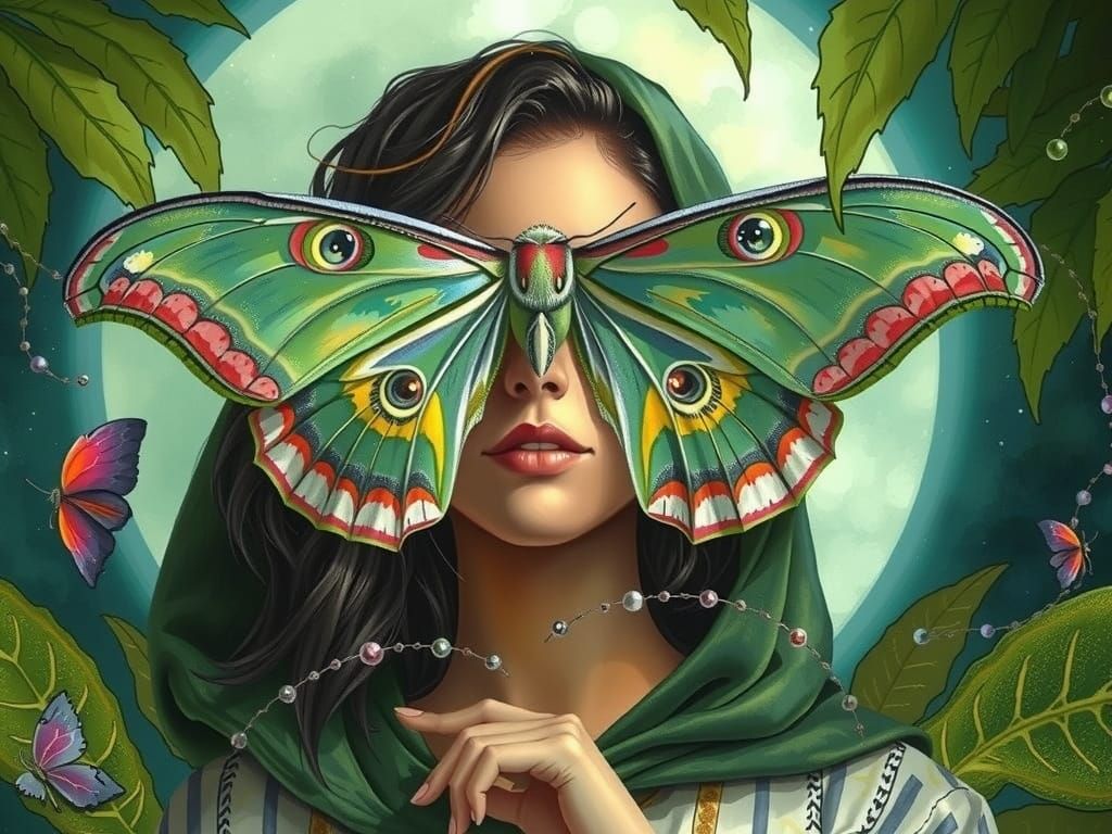 Luna Moth Covers Woman's Face in Vibrant Comic Style