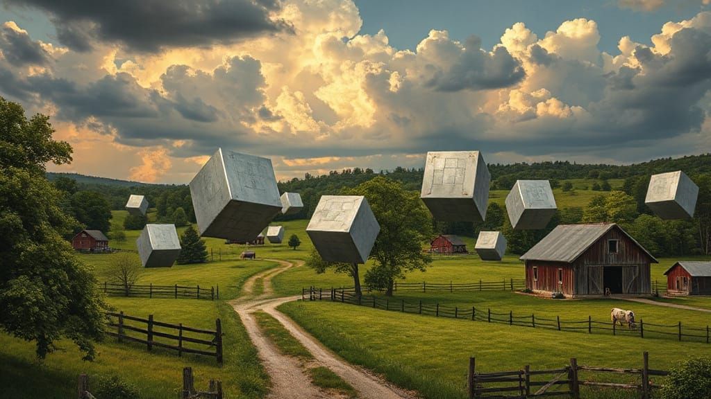 11 Dark Silver Spheres Over a Peaceful Countryside