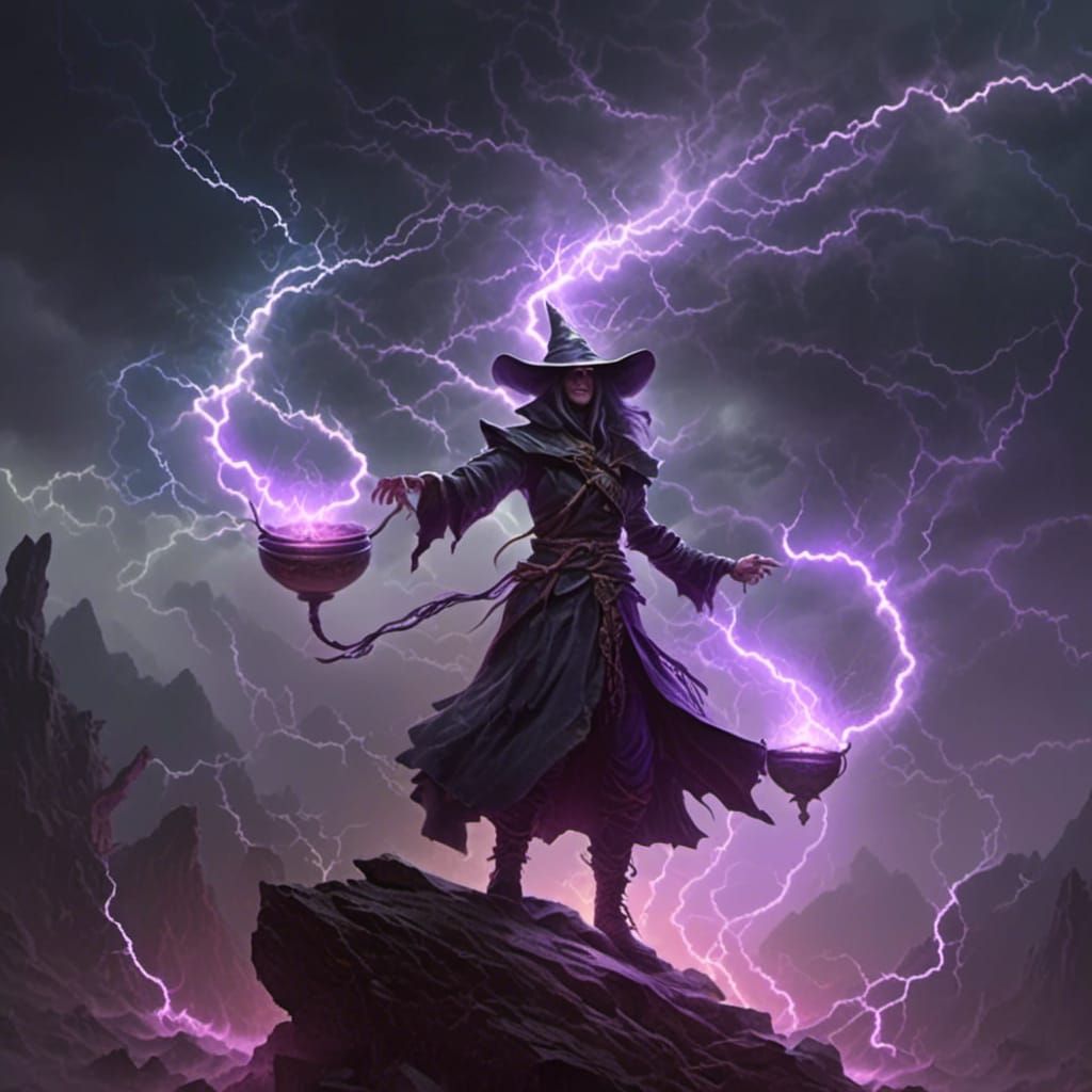 Witch and Cauldron in Intense Lightning Storm
