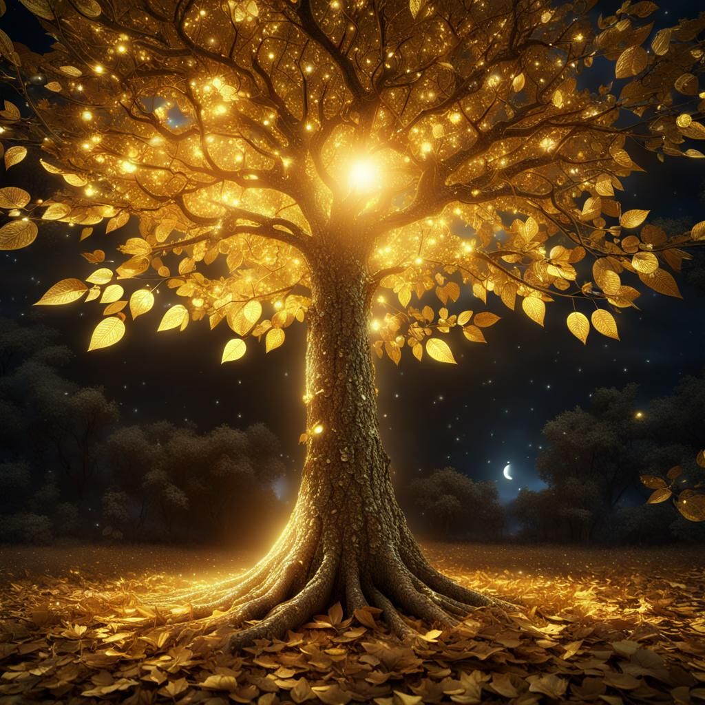 Mystical Golden Leaf Tree at Moonlit Night