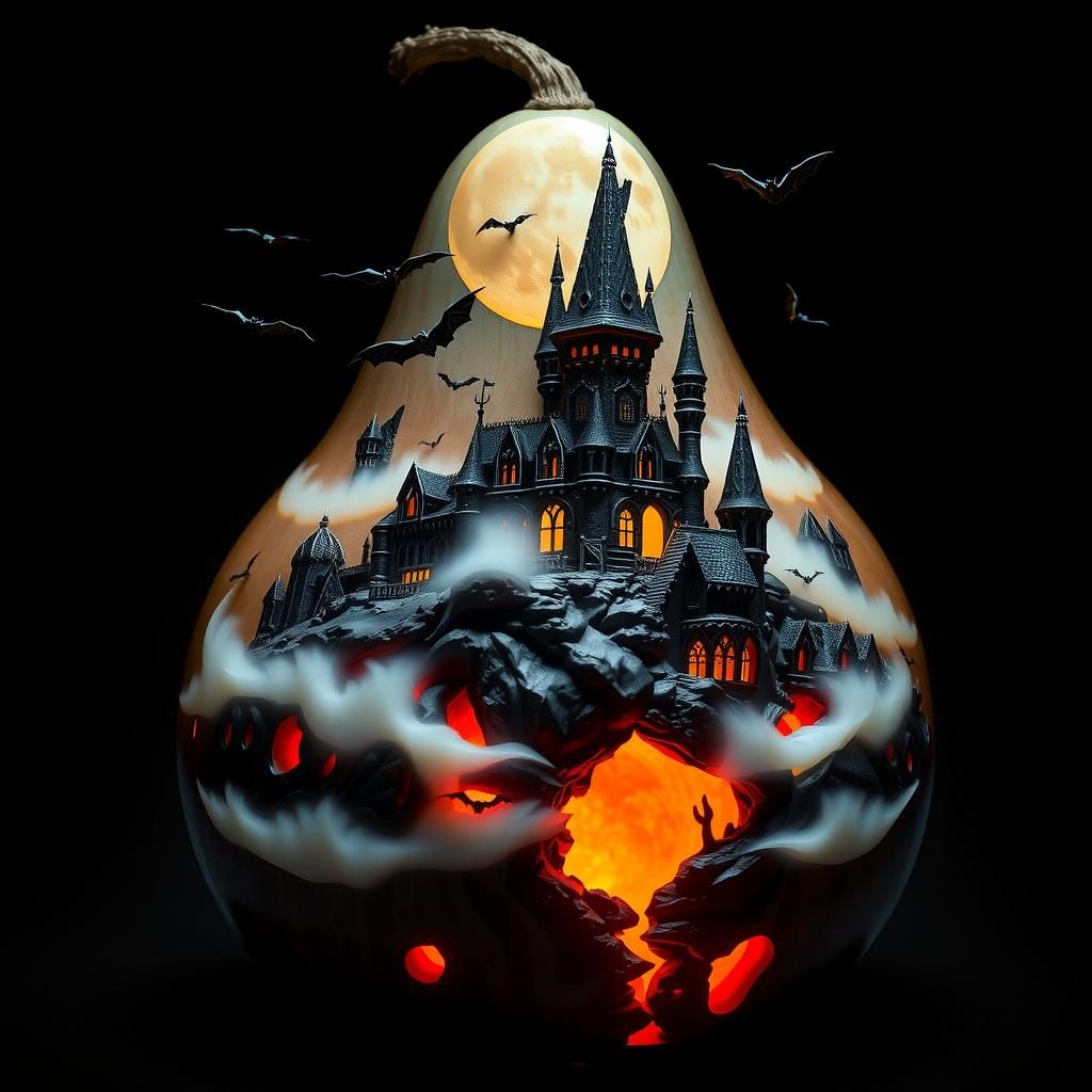 Intricately Carved Gourd: Dracula's Castle in 3D