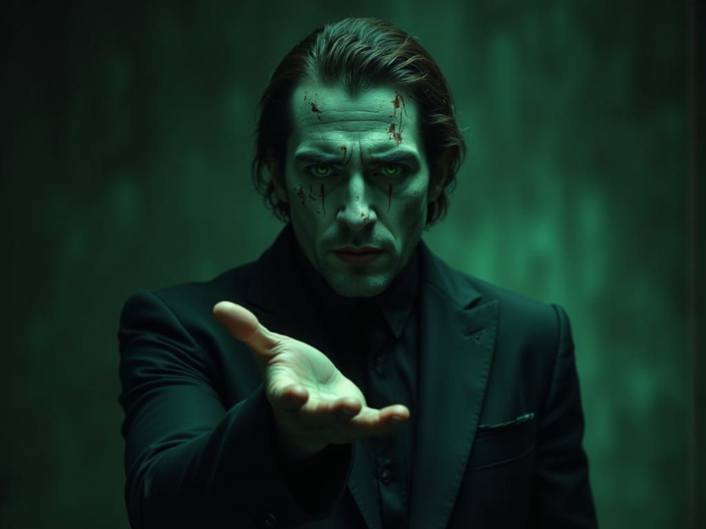 Mysterious Vampire Beckons with Hypnotic Green Eyes