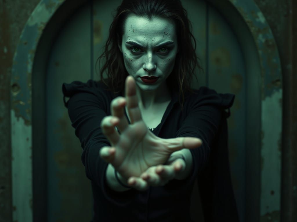 Mysterious Vampire with Hypnotic Green Eyes Reaches Out