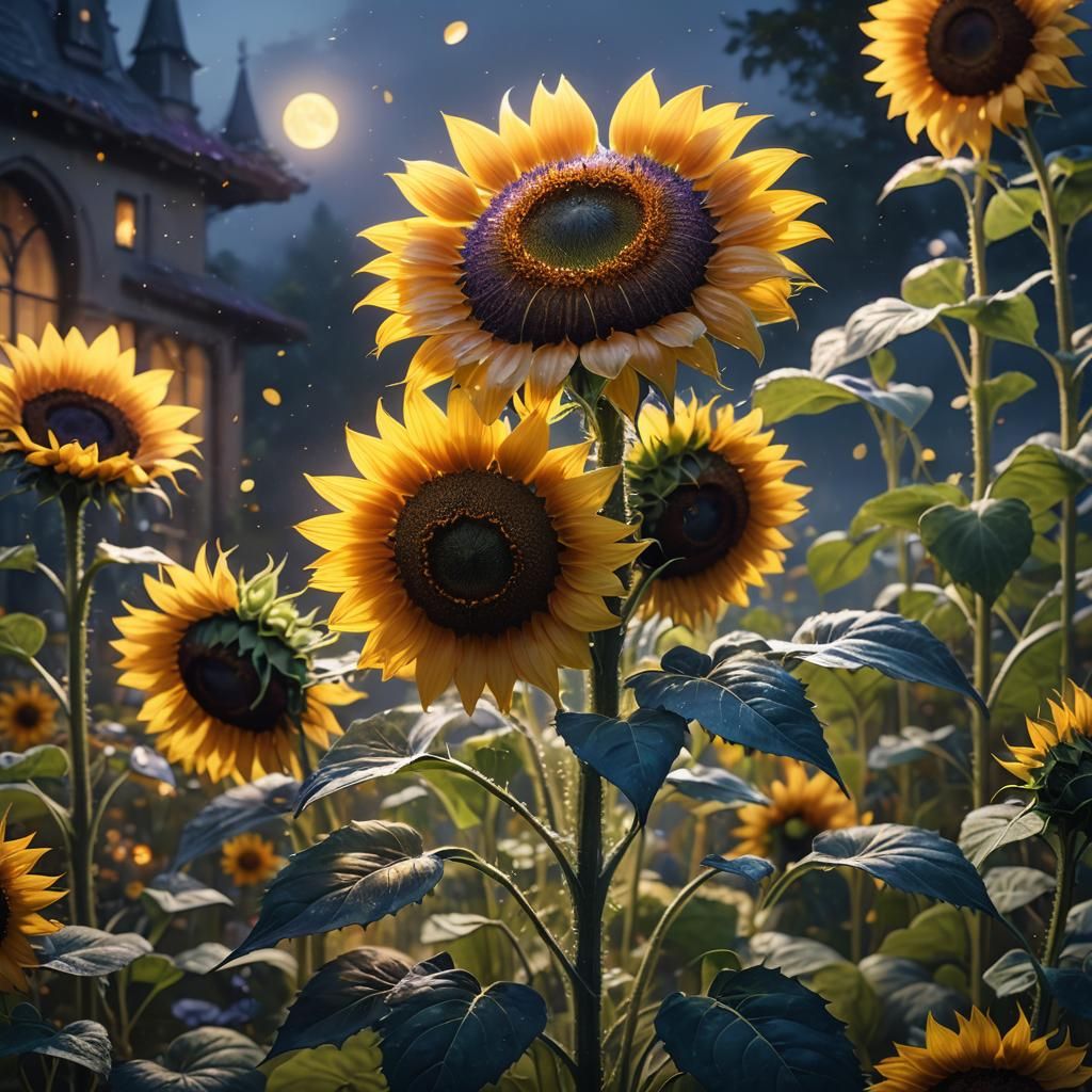 Mystical Sunflower in Moonlit Garden: Fantasy Art