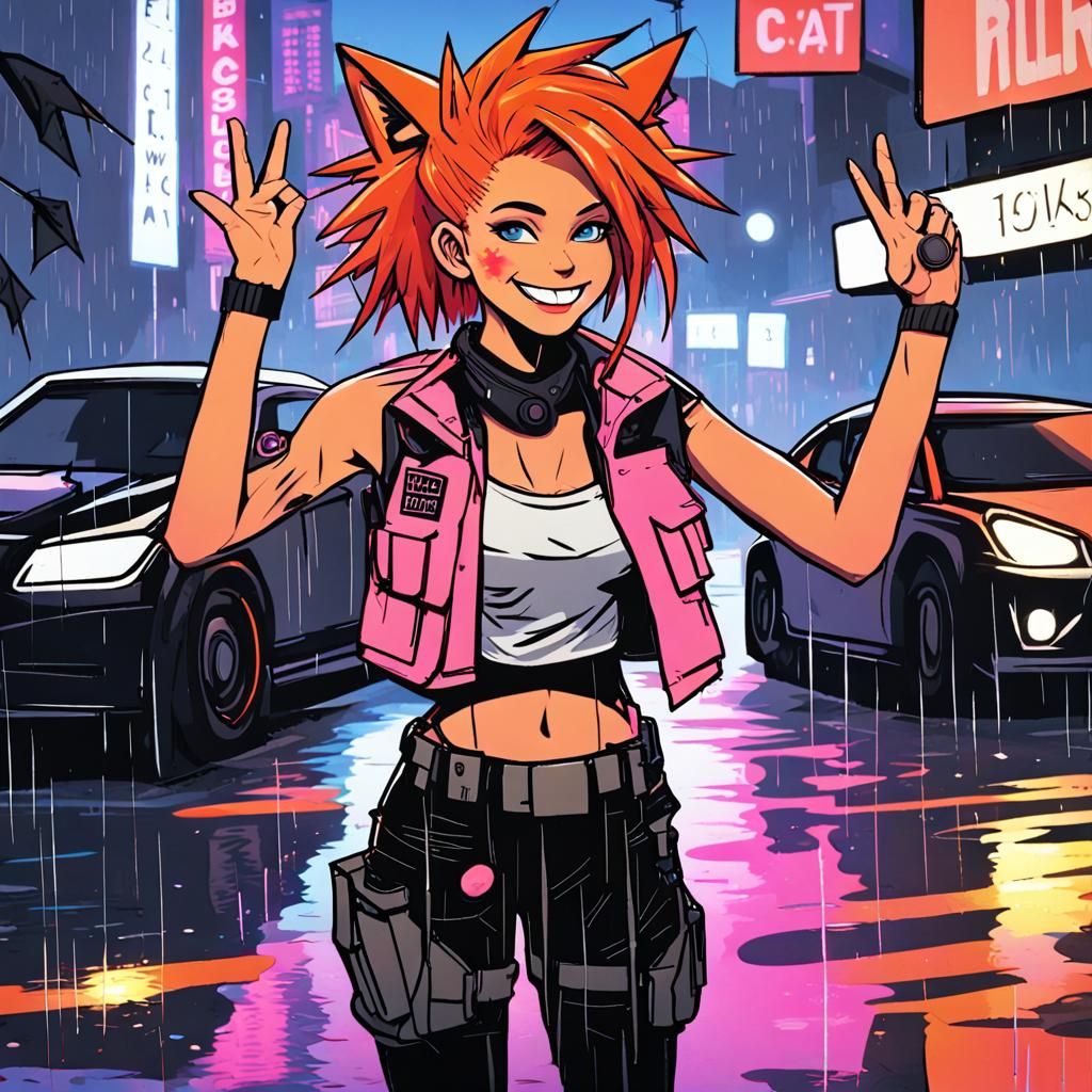 Cyberpunk Girl Celebrates in Rainy Intersection
