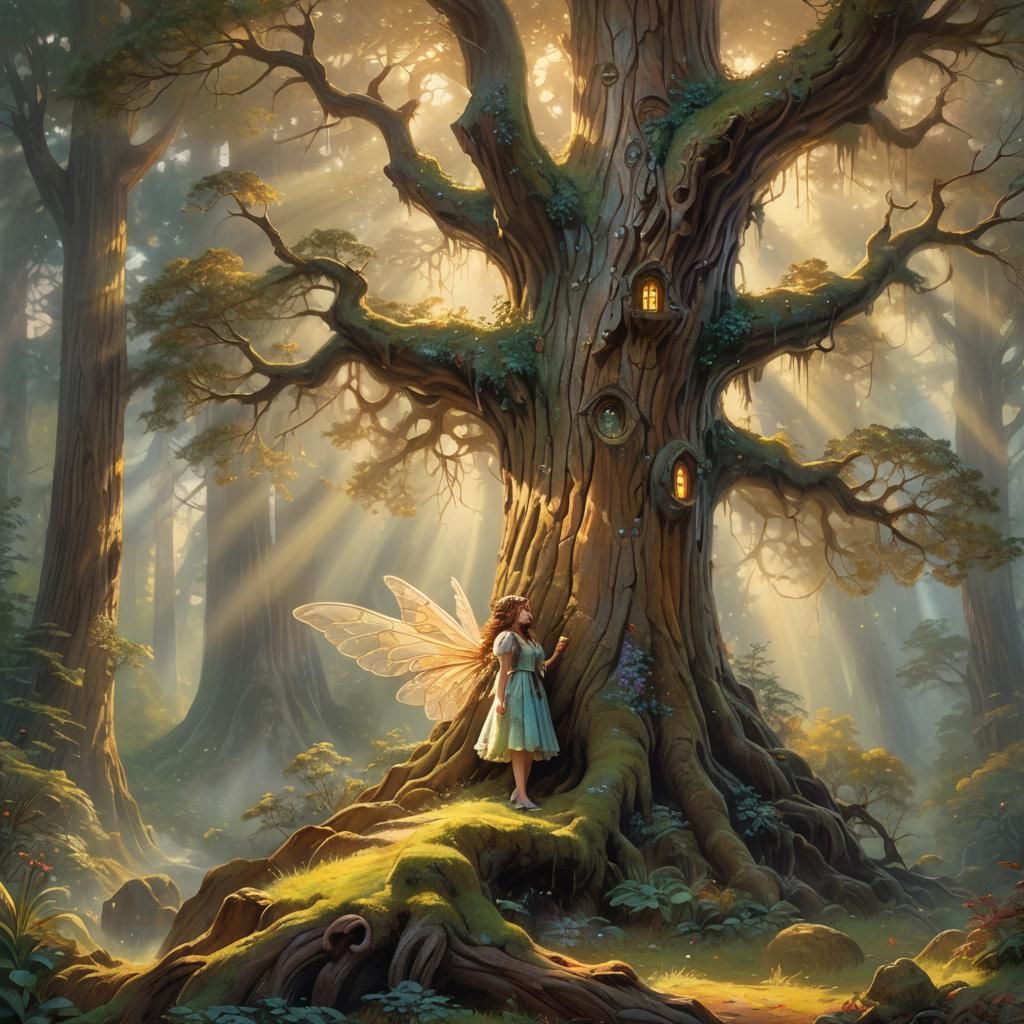 Fairy Resting Against Redwood in Ethereal Painting