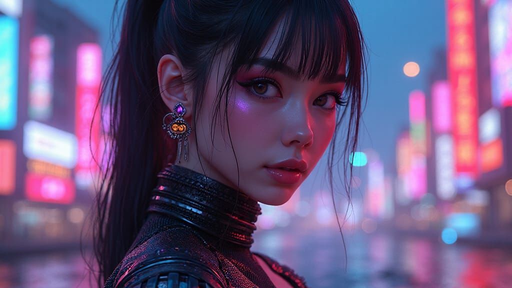 Glowing Futuristic Fashion in Cyberpunk Cityscape