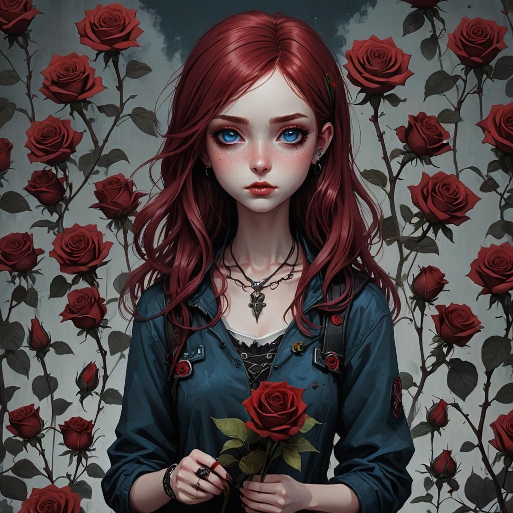 Punk Rock Girl with Rose: Dark Anime Art