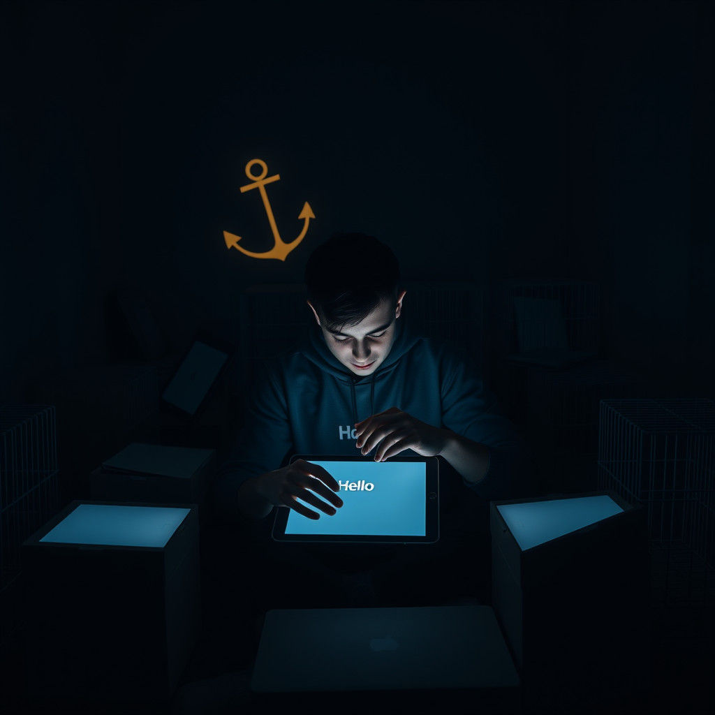 Figure Surrounded by iPads in Cinematic Lighting