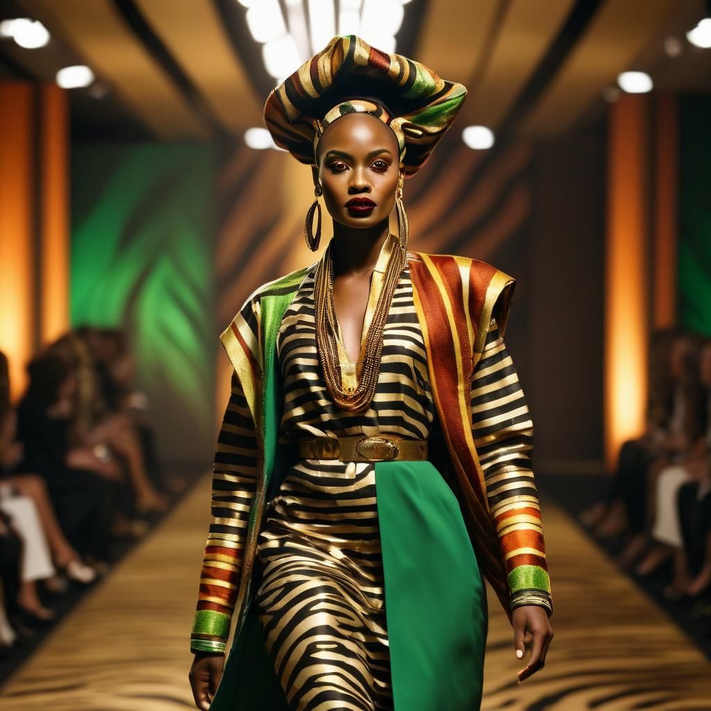 Afrofuturism Fashion Model on Runway with Zebra Pattern