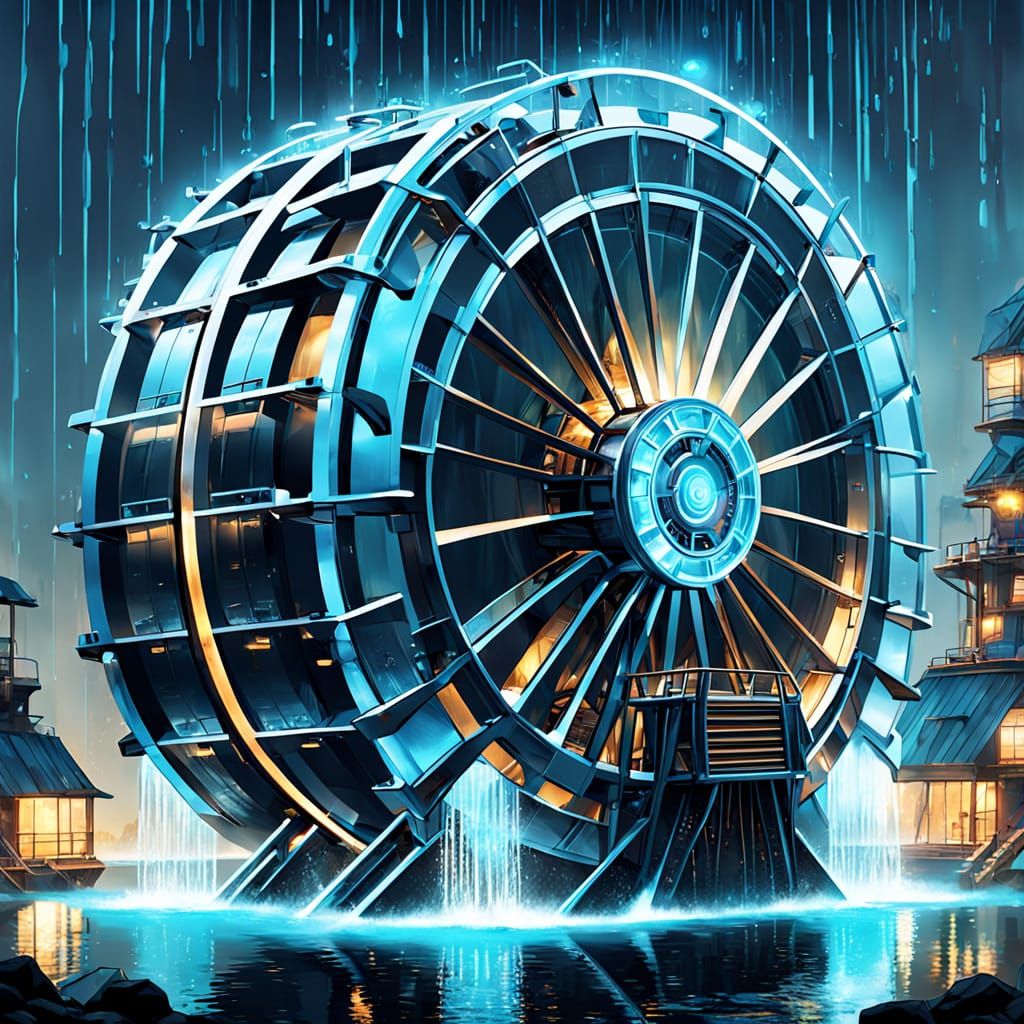 Futuristic Waterwheel in a High-Tech Landscape