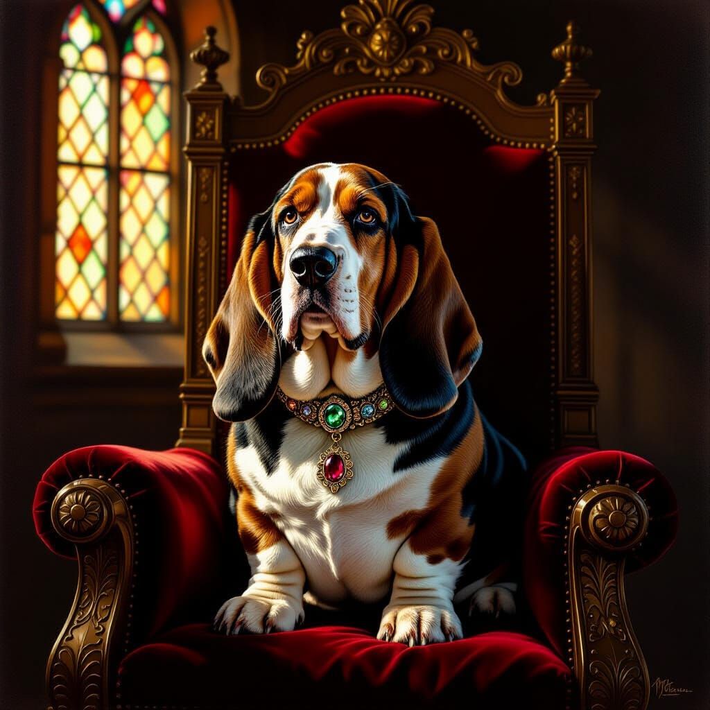 Basset Hound King on Velvet Throne in Medieval Hall