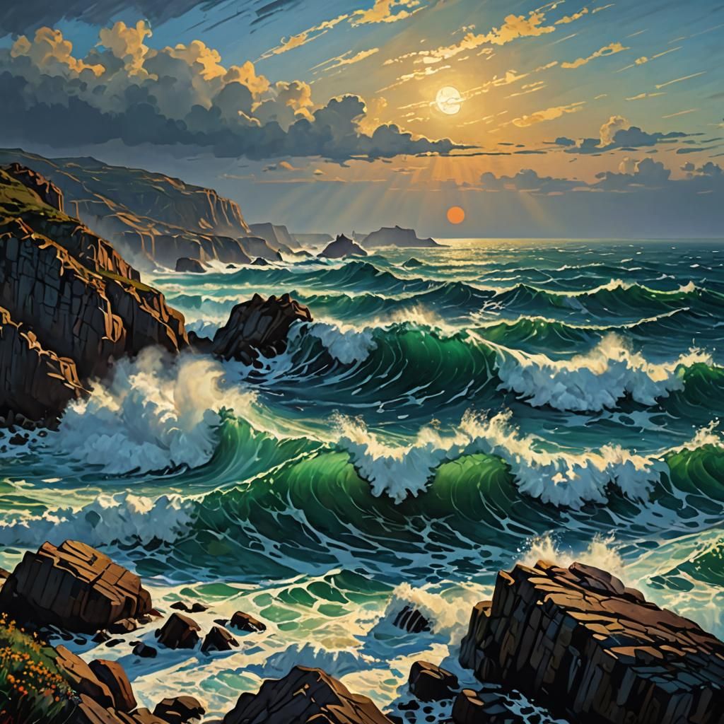 Ocean Waves Digital Painting in Impressionist Style