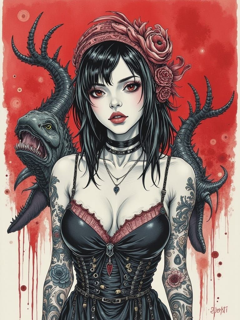 Pinup Siren Before Giant Megalodon in Watercolor