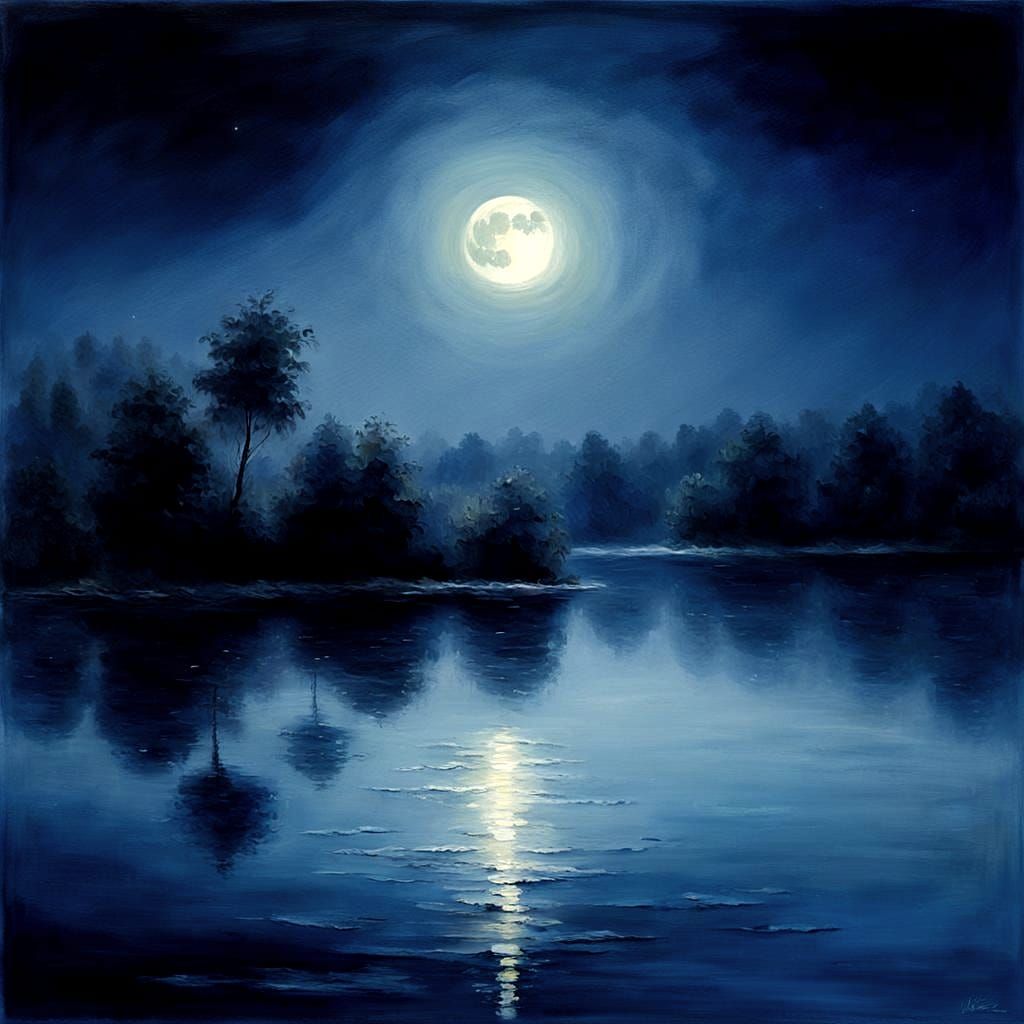 Moonlit Lake Under Midnight Blue Sky