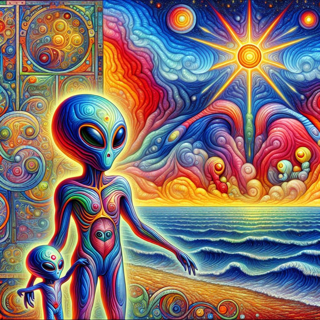 Extraterrestrial Family's Sunny Seascape in Psychedelic Roma...