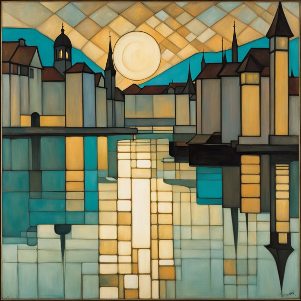 Twilight Lucerne in Cubist Style